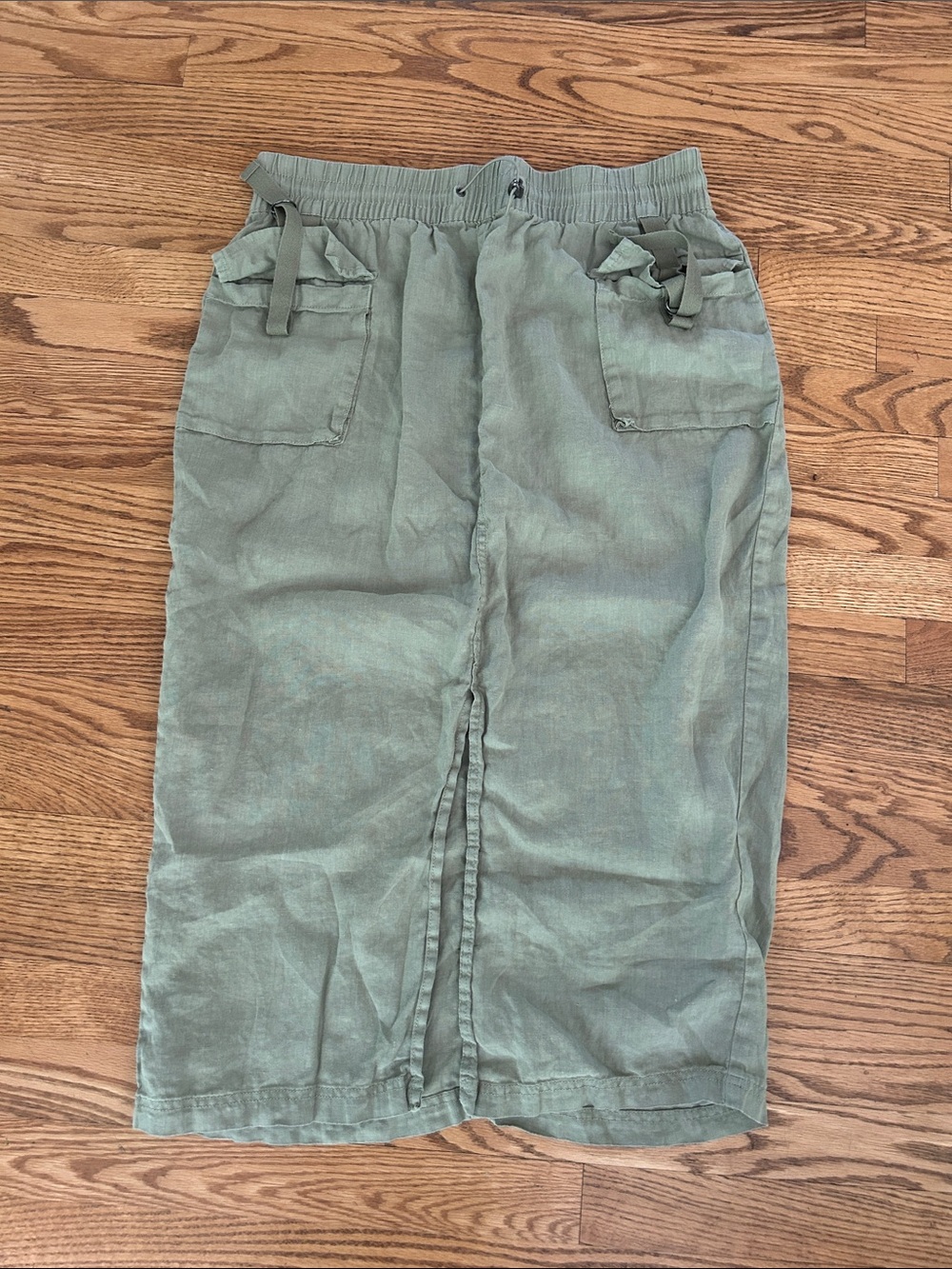 Nicole Miller Olive Drawstring Linen-Blend Midi Skirt